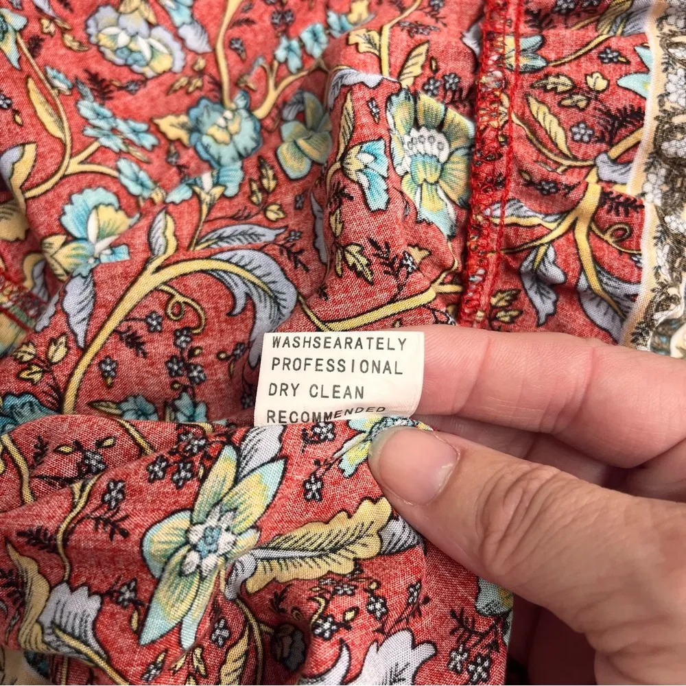 Prairie style dress small cottagecore floral print dress vneck tie waist Red - Image 10