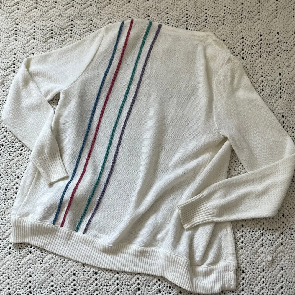 Vintage Rainbow Stripe Design V Neck Long Sleeve Cardigan Beige (Small) classic White - Image 2
