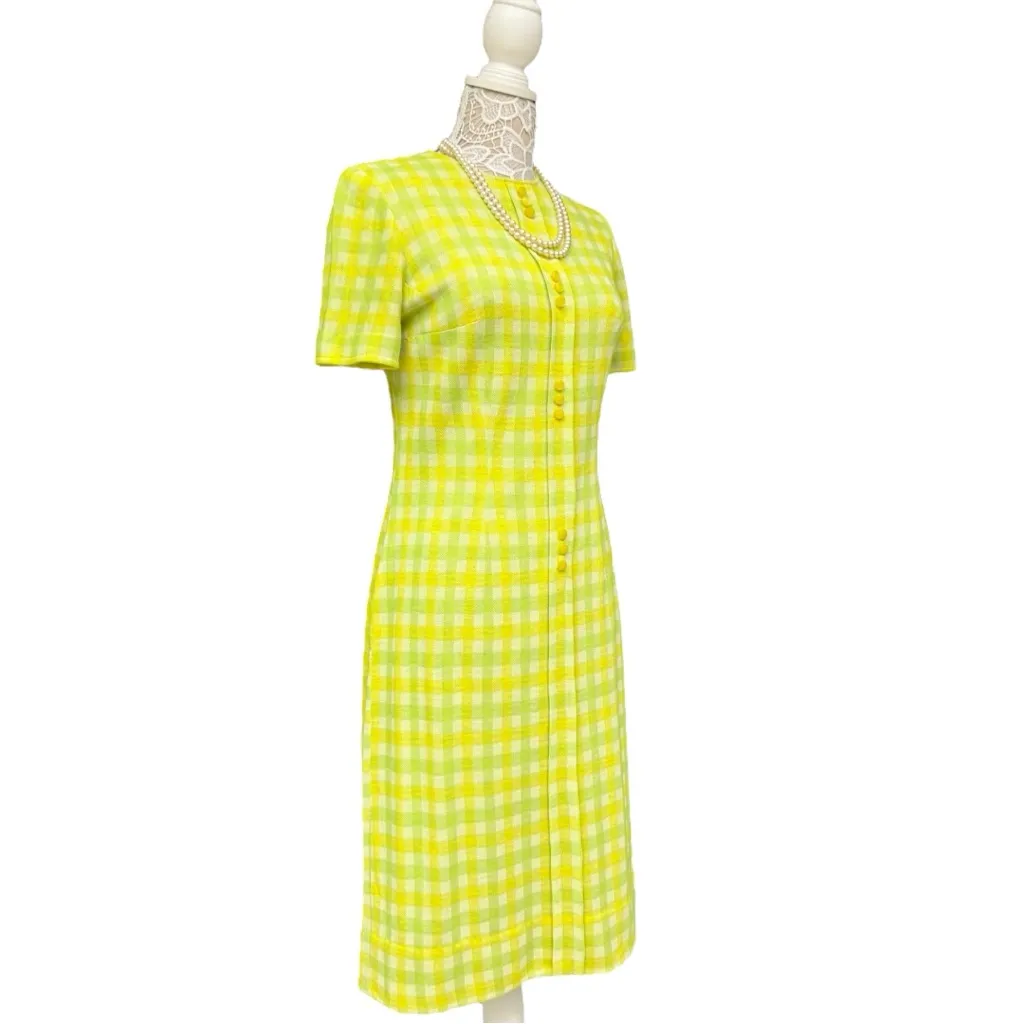 Vintage 60s Mod Sheath Dress Neon Yellow Gingham Check Short Sleeve, M/L Fit Size undefined - Image 2