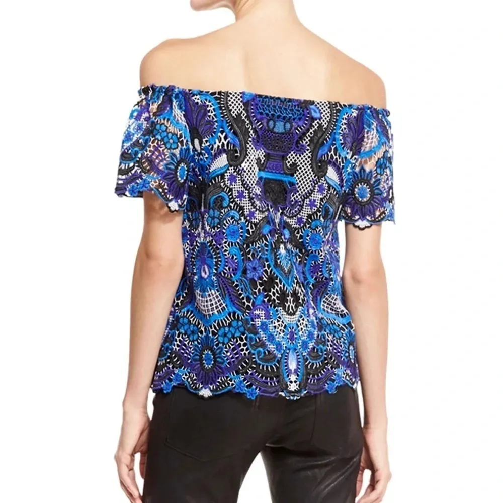 Alice + Olivia Maxie Lace Off Shoulder Embroidery Top Blouse Blue Multi Size XS - Image 2