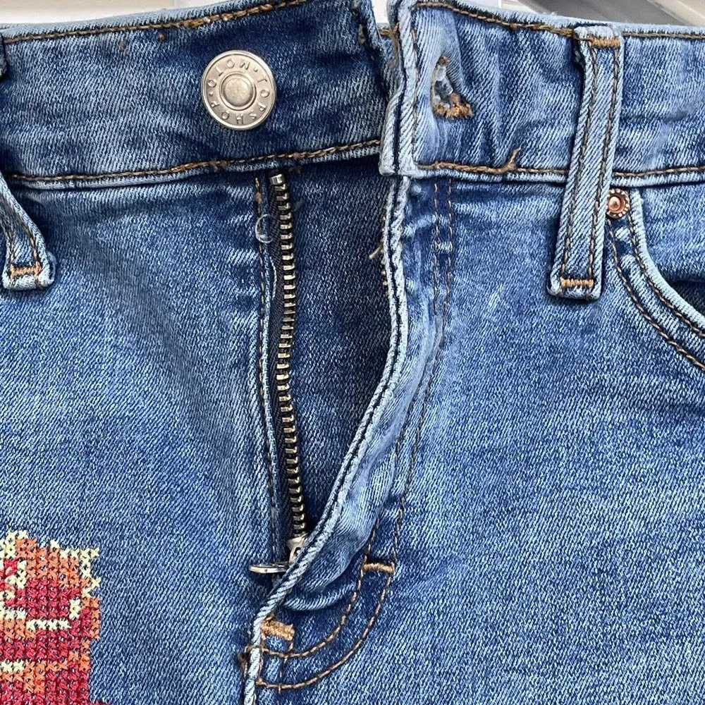 Topshop Moto SZ W26 Jamie Skinny Jeans Hi-Rise Stretch Floral Embroidery Blue - Image 8