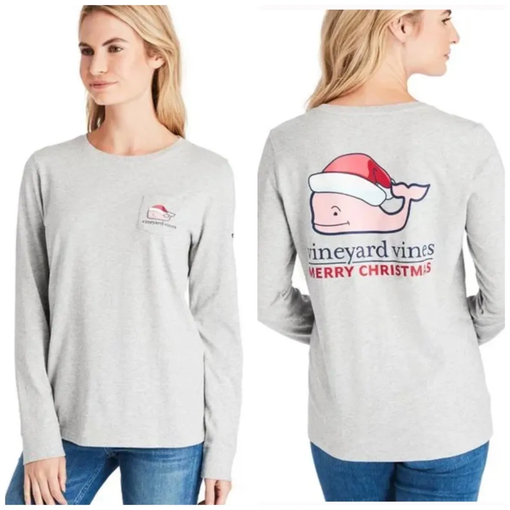 Vineyard Vines Merry Christmas 2017 Santa Whale Long Sleeve Pocket Tee Size XS - Image 7