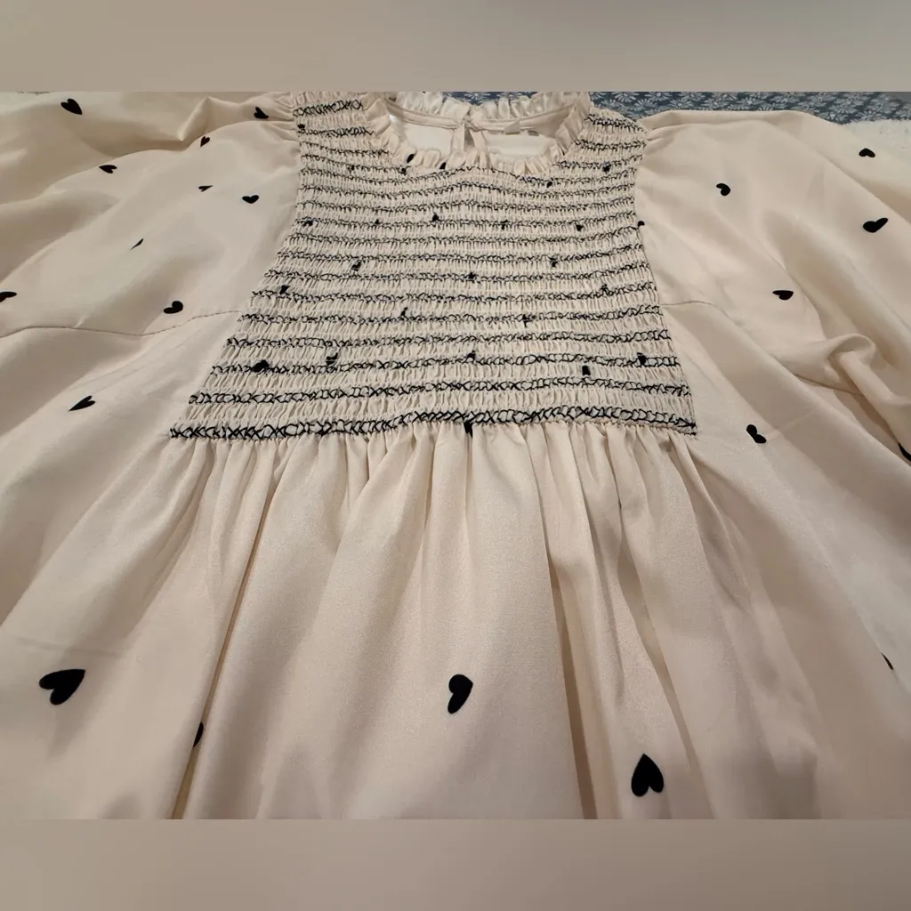 Cream, Black Heart Smocked Babydoll Blouse, Medium EUC - Image 4