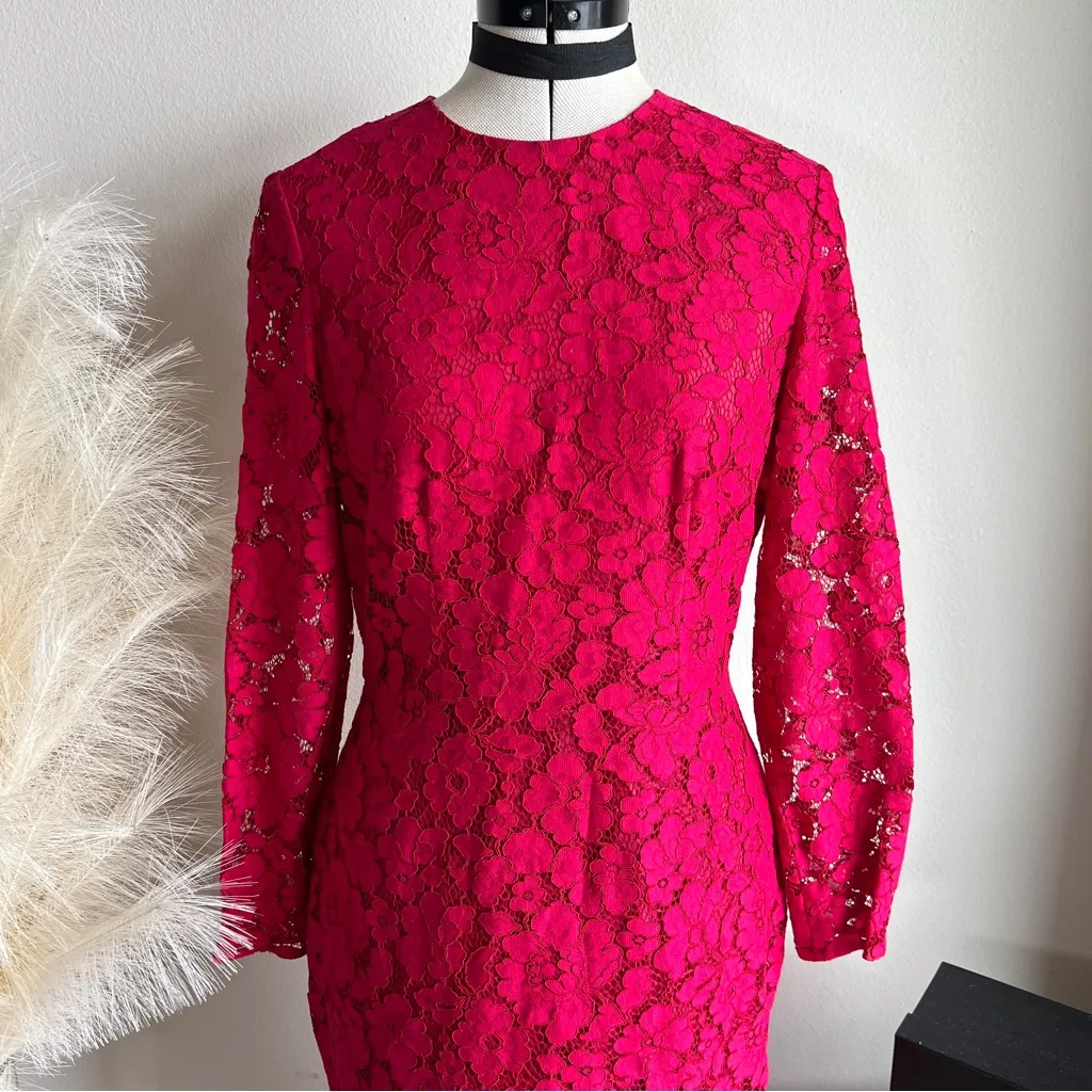 Carolina Herrera Red Lace High Neck Above Knee Sheath Dress - Image 11