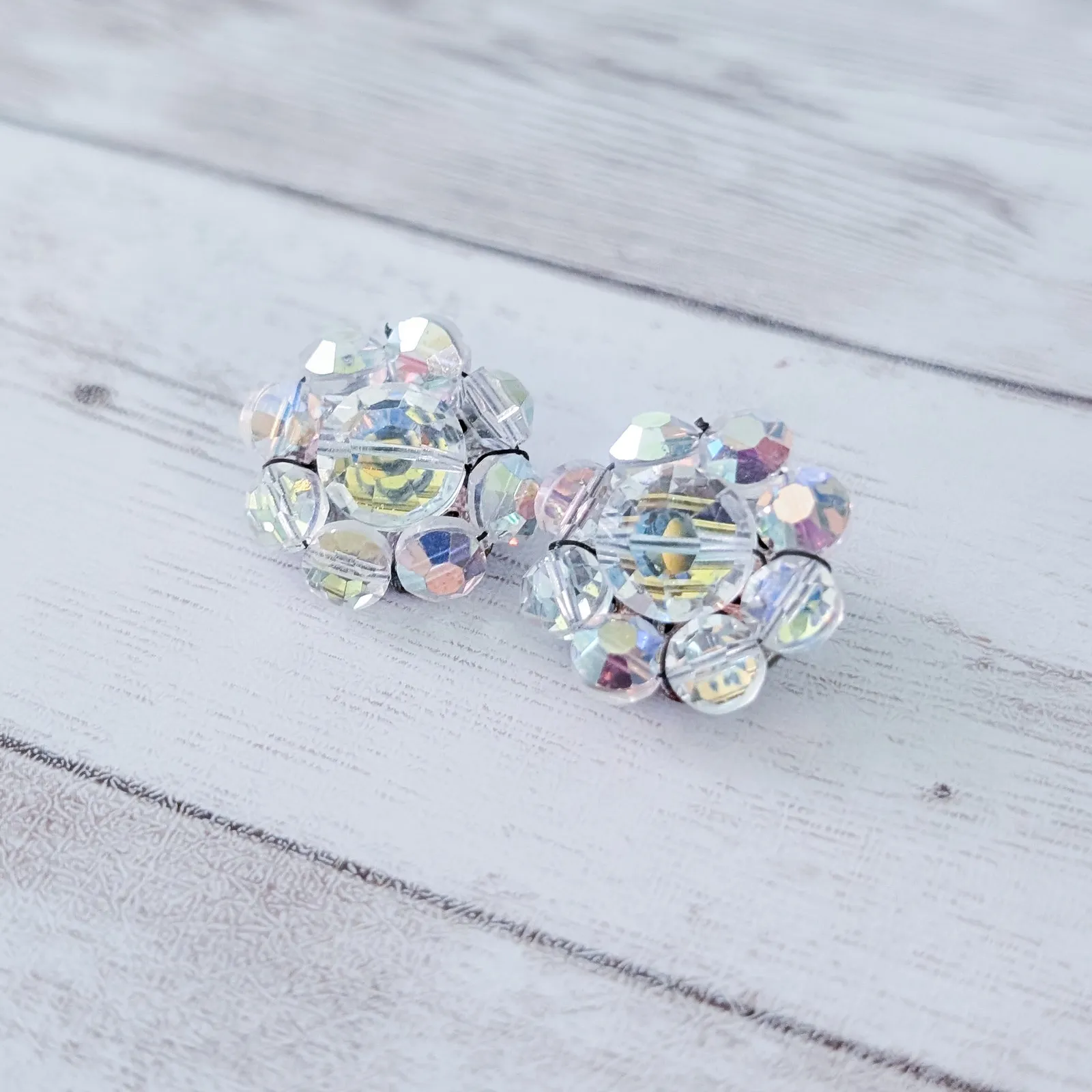 Vintage Clip On Earrings Clear/Iridescent Beaded Flower Like Cluster - Image 3