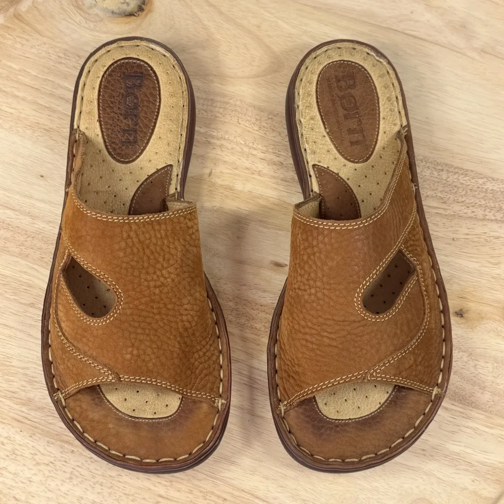 Born Nubuck Leather Cutouts Slip On Slide Sandals Carmel Tan 9 - Image 4