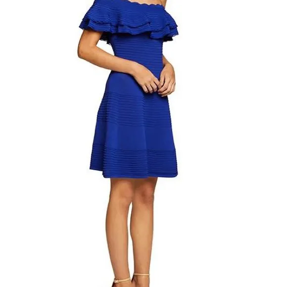 Eliza J Royal Blue Mini Dress Sz Lg Stretch Knit Ruffle Neckline - Image 9