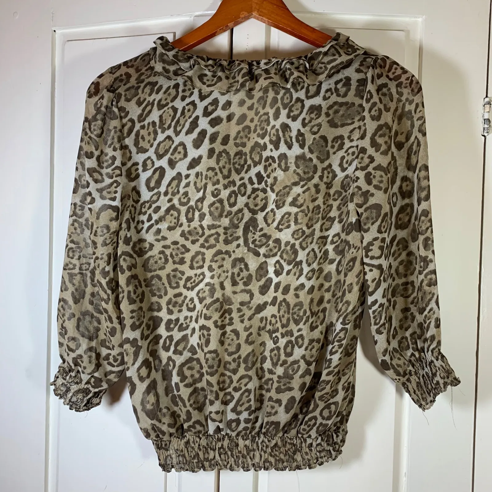 Zara Basic Leopard Print Ruffle Blouse Smocked Hem Long Sleeve Top‎ Small Sheer Tan - Image 4