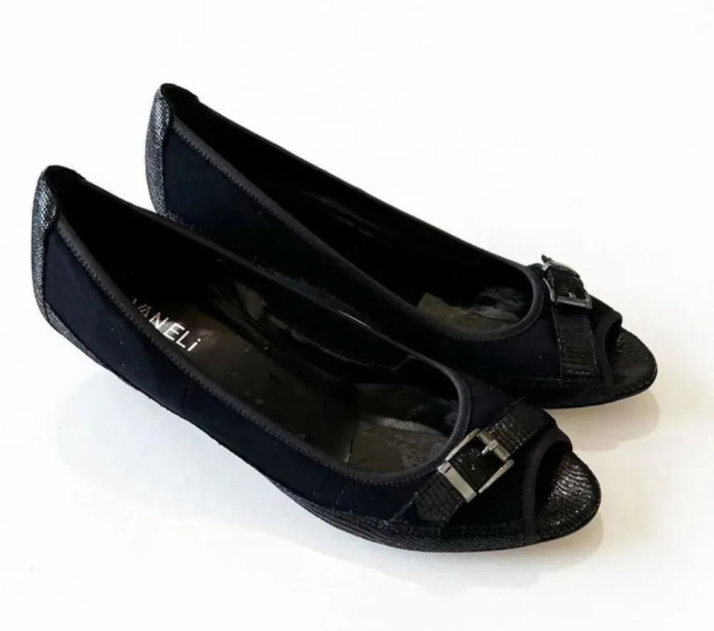 Van Eli Black Leather Embossed Peep Toe‎ Wedge Women’s Size 9.5 Retro Bombshell Black - Image 5