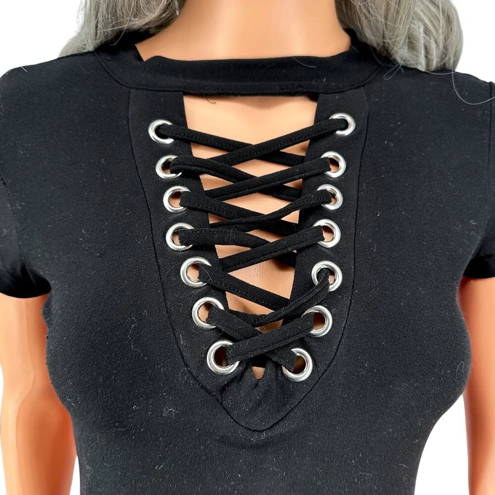 Derek Heart Lace Up Sexy Midi Dress Bodycon Small Short Sleeve - Image 2