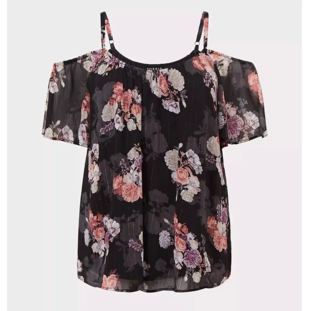 TORRID 2 Plus Size Black Floral Lurex Cold Shoulder Top Pink Floral Short Sleeve - Image 4