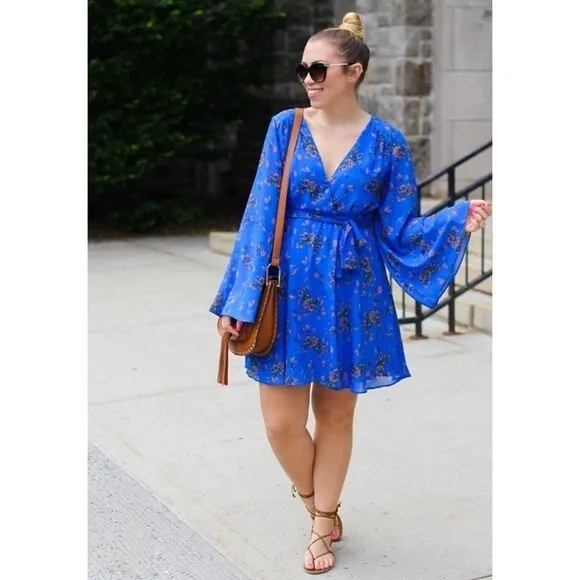 Free People Lilou Printed Bell Sleeve Dress in Cobalt Combo Fairycore Size S - Image 2