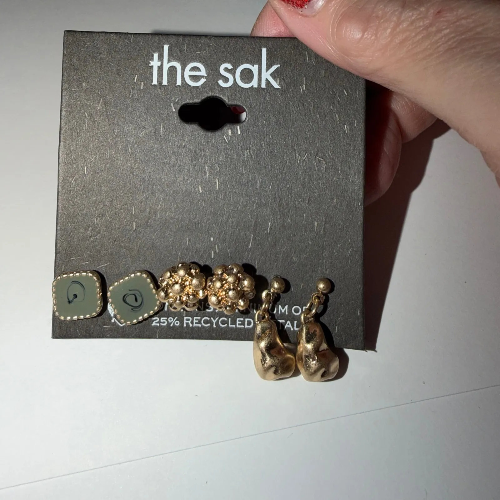 The Sak 3 Pair Earring Set Gold Tone Green Square Studs Dangle Drop - Image 4
