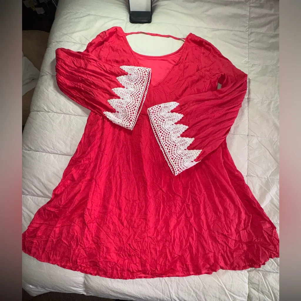 Doe & Rae  Red Mini Dress with White Lace Accents - Image 2