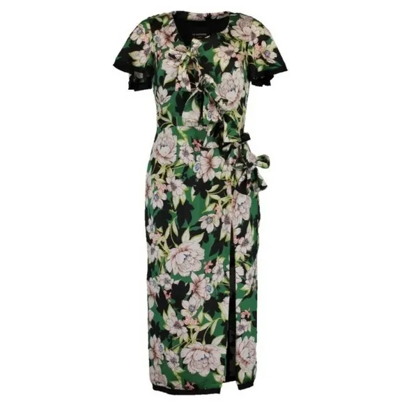 Le Superbe Gardenia Floral Midi‎ Dress Size 4 Green Black Tie Front Slit - Image 15