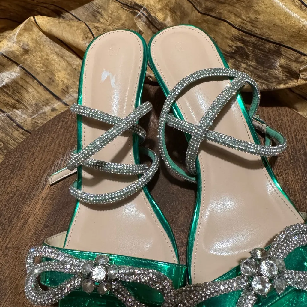 Elegant Green and Silver Strappy Heels Size 9 - Image 6