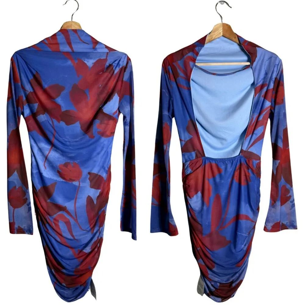 ASOS High Neck Backless Floral Mesh Mini Dress Women's 6 Blue Red Going Out NWT - Image 4