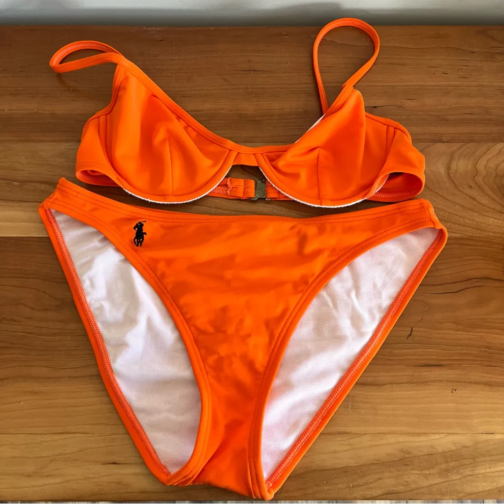 Women’s 90’s Polo Ralph Lauren Sport Hot Orange‎ Bikini Size 14 Bottoms And Top - Image 3
