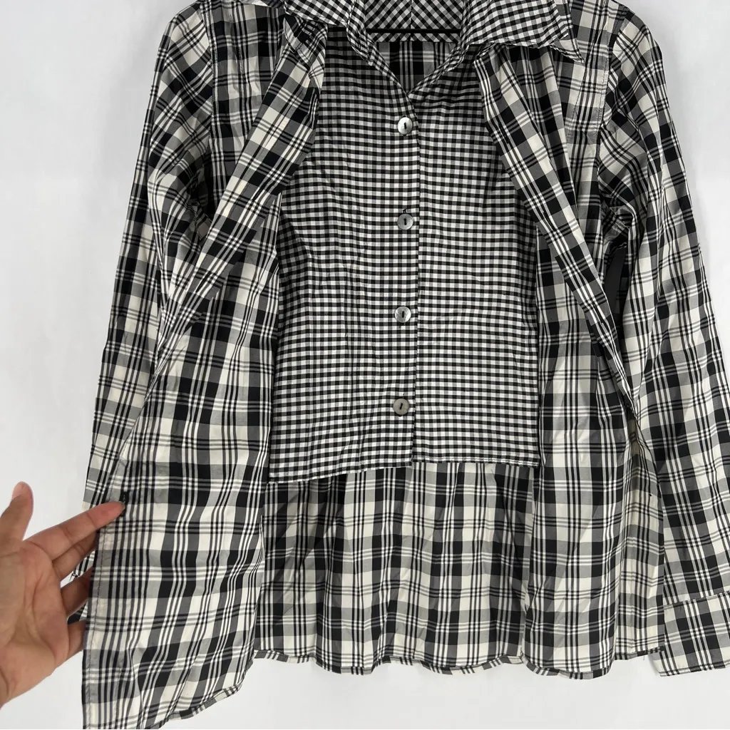 A'Nue Ligne Black White Silk Gingham Layered Double Collared Shirt Size M Black Size M - Image 6