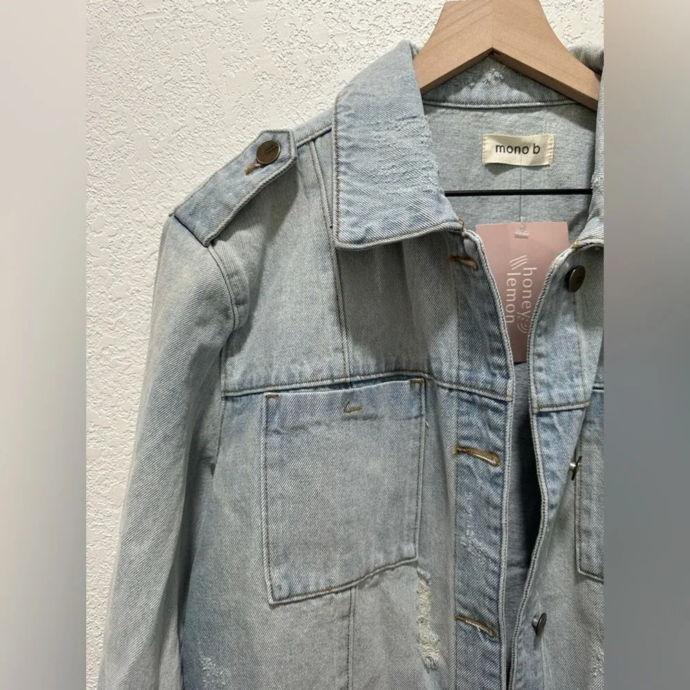 Mono B Light Wash Distressed Denim Jacket NWT Blue Size M - Image 2