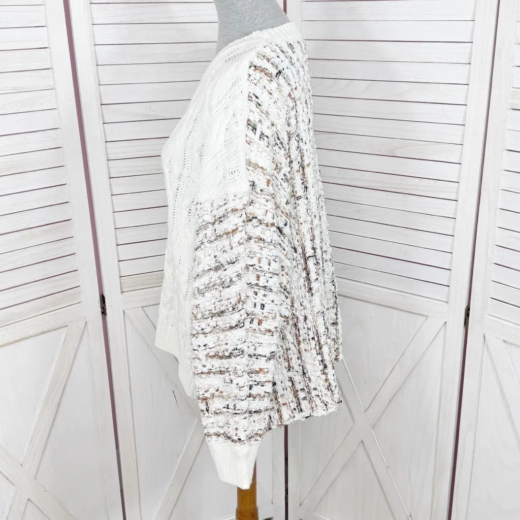 andthewhy Cable Knit Plaid Tweed Knit Back Crew Neck Slouchy Sweater White - Image 3