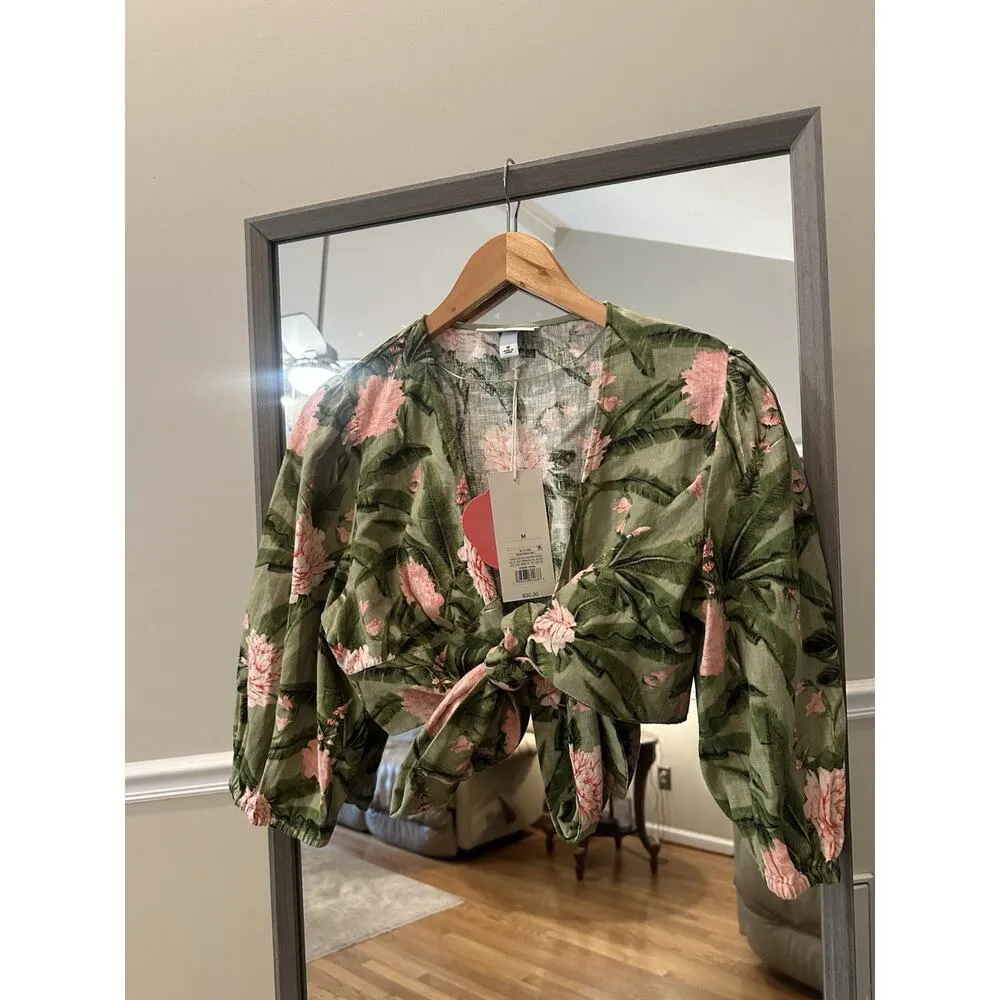 NWT Agua Bendita x Target Peony Floral Wrap Top Linen Blend Green Pink Size M!!‎ - Image 4