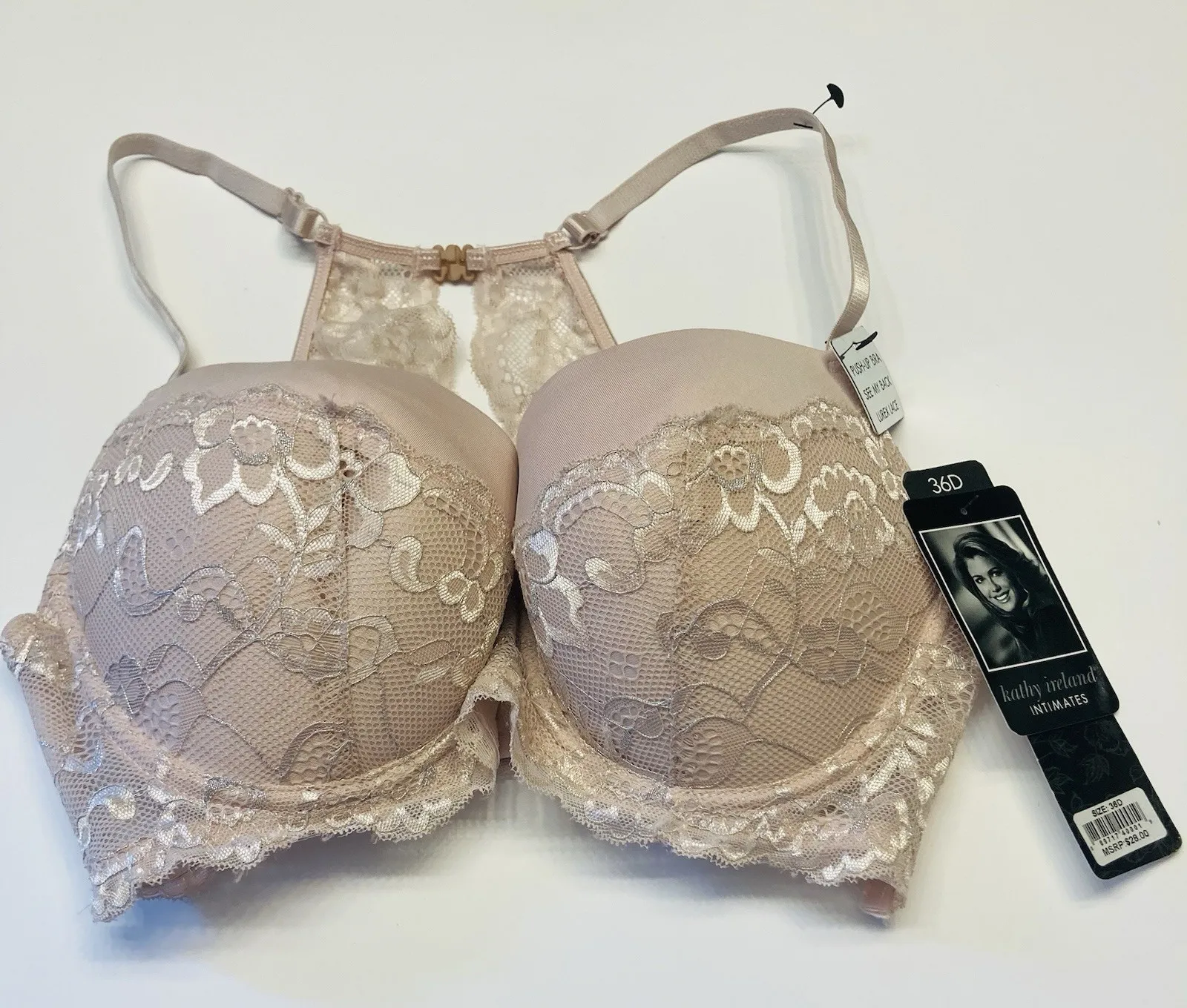 Kathy Ireland Push-Up Bra Racerback Underwire Size 36D Lurex Lace Beige NEW - Image 1