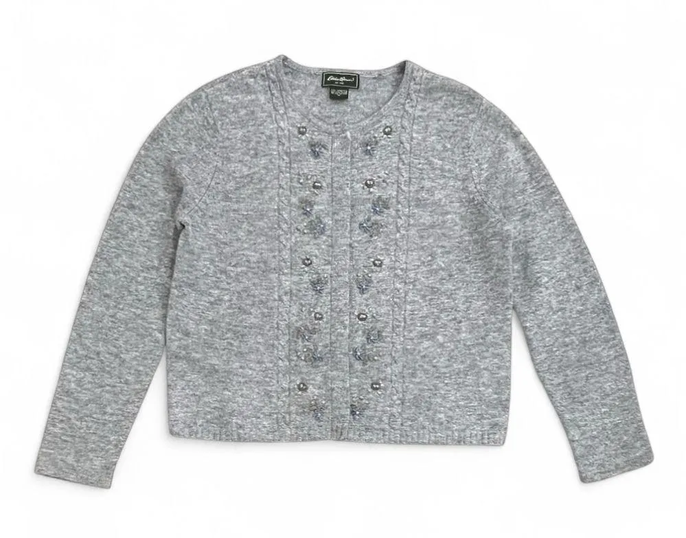 Eddie Bauer Grey Lambs Wool Embroidered Floral Sweater Size Medium - Image 10