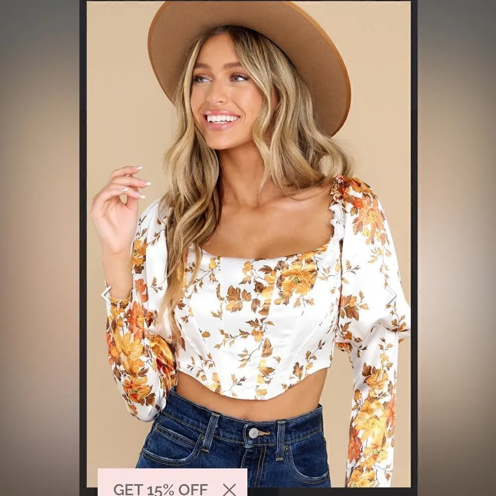 Red Dress Gently Love Ivory Floral Print Crop Top Puff Sleeves White Rust L - Image 3