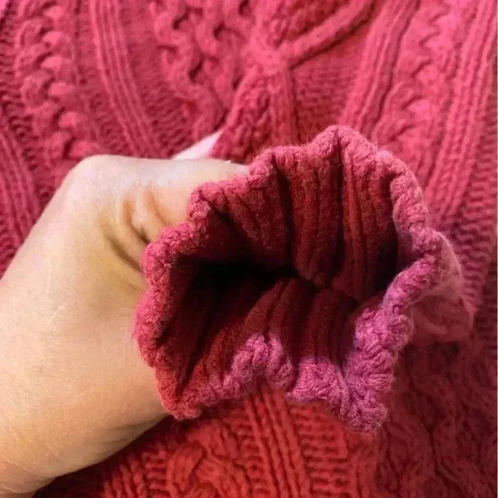 Vintage Eddie Bauer Womens Sweater Cable Knit Red Fisherman‎ Cowl V Neck Sz PS - Image 4