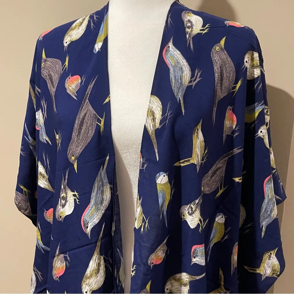 Navy Bird Print Kimono with Tassels Blue Size undefined - Image 2