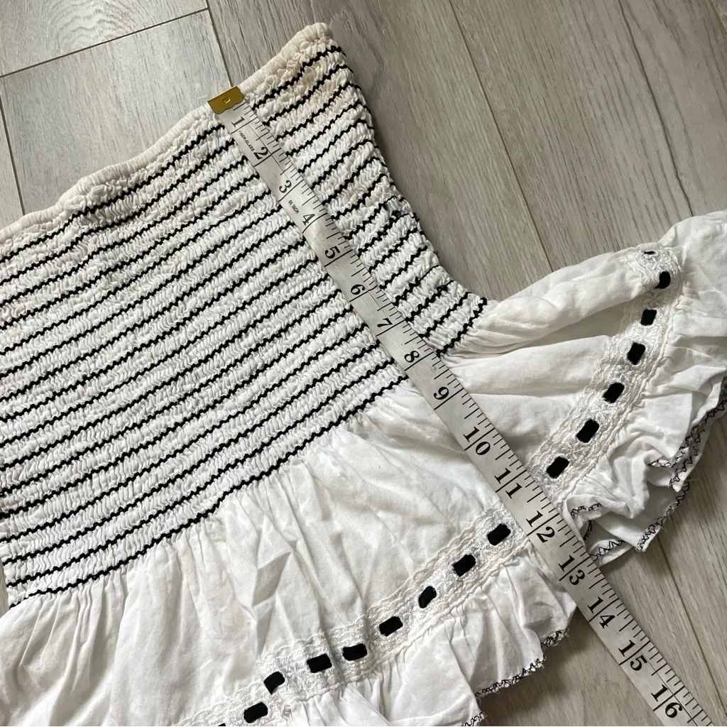 Vintage Strapless Top smocked striped ruffle crop womens White Black medium y2k - Image 5