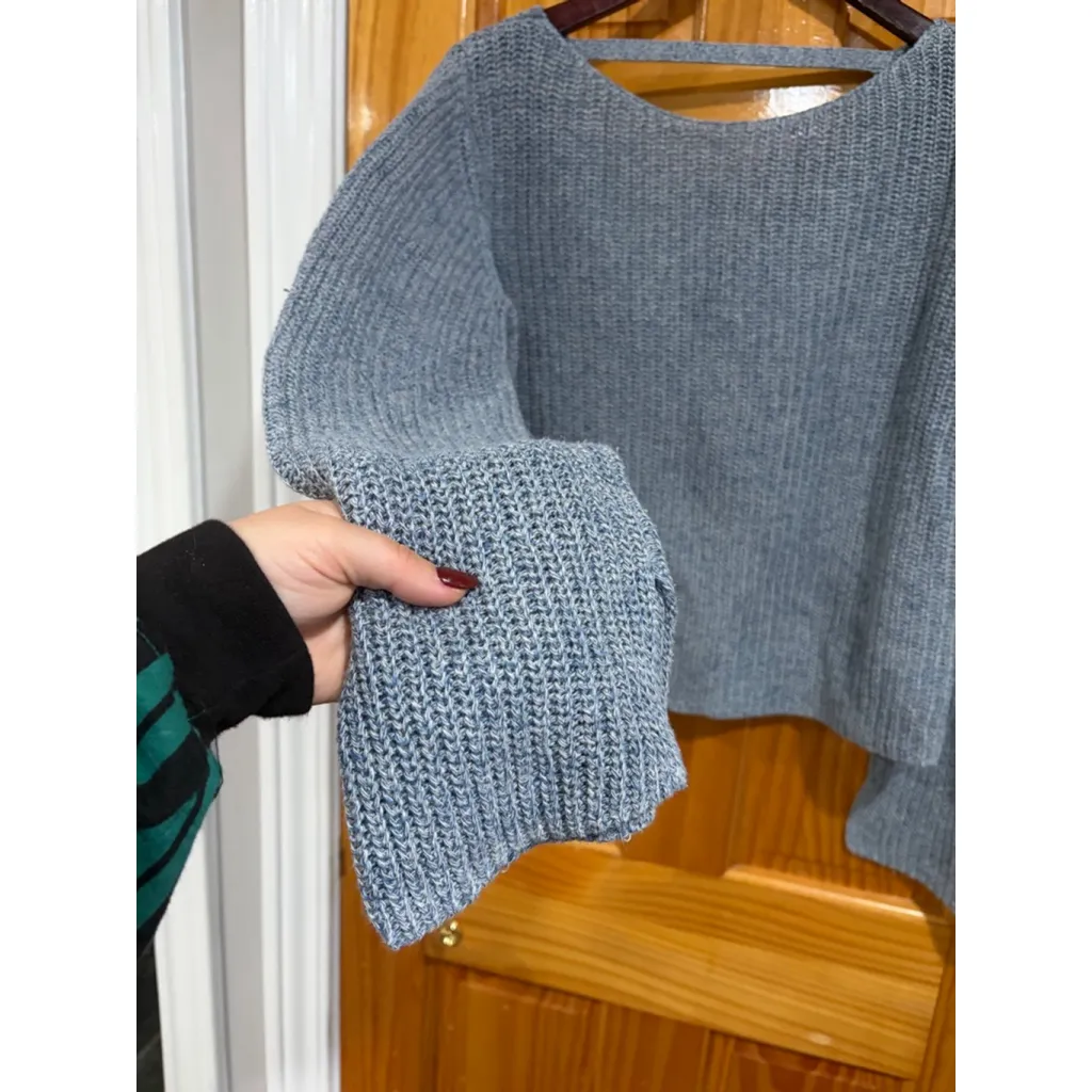 Theory Laora Linen Cotton Knit Sweater Gray Blue Size L Relaxed Rib Pullover - Image 3