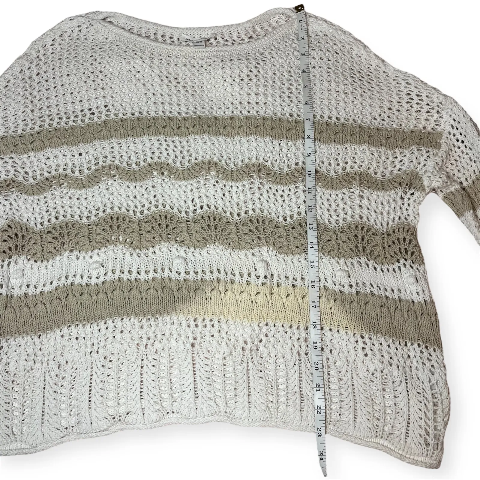 Beachlunchlounge Striped Open Knit Sweater Size M Neutral Beige White Pullover - Image 9