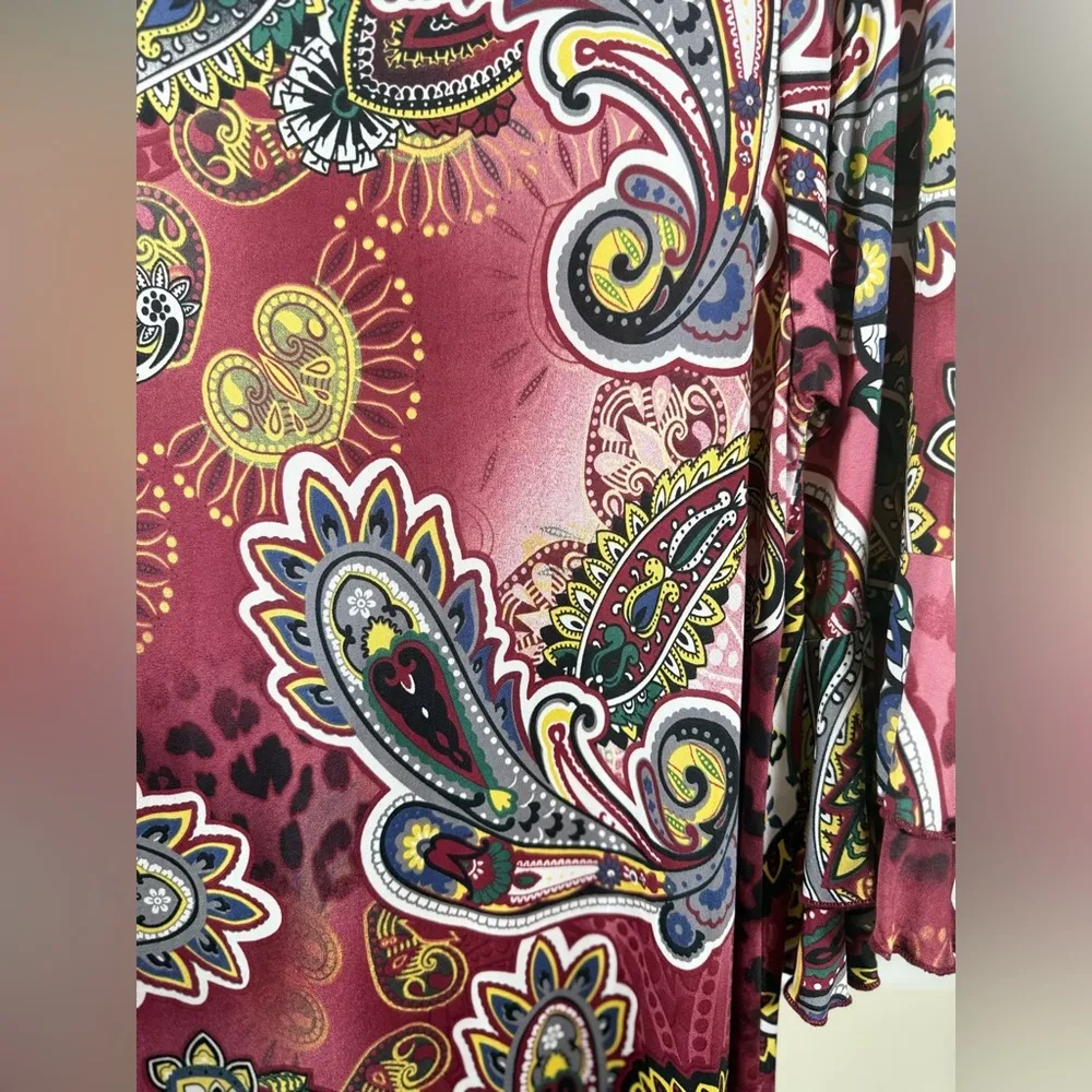 Boho Paisley Leopard Print Swing Dress Large Flowy Bell Sleeve Retro Chic Tunic Red - Image 5