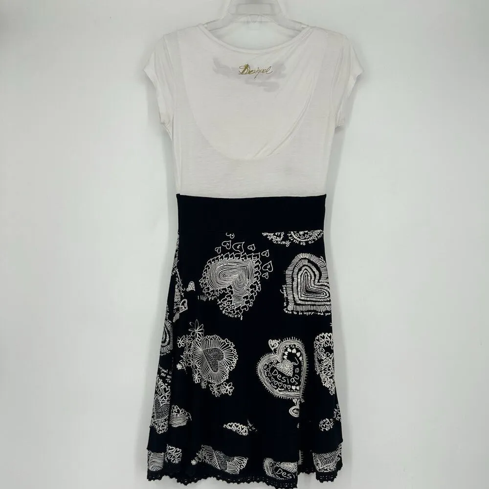 Desigual Artsy Heart Dress Black White A Line Short Sleeve Sequins Size M - Image 5
