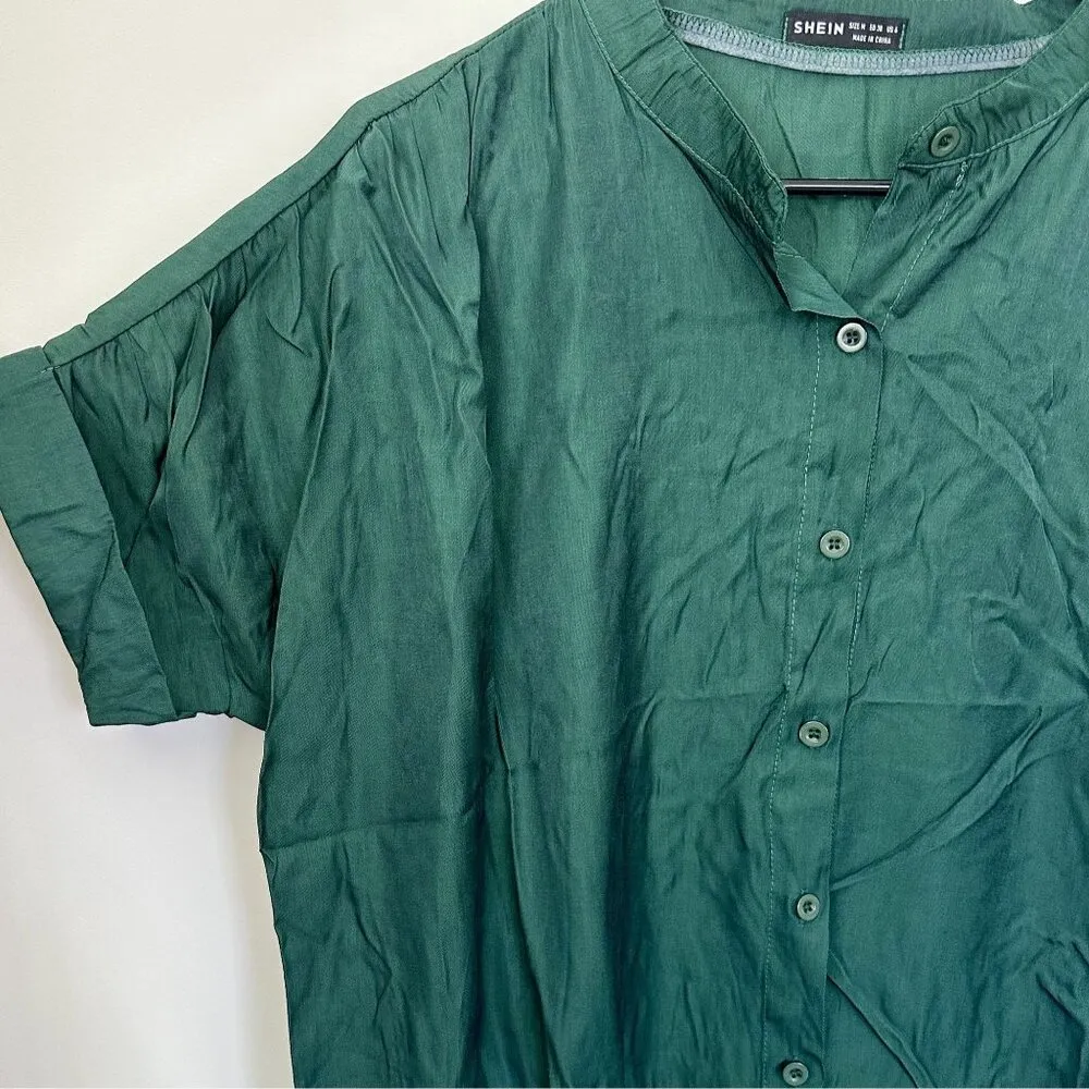 Retro Green Button Up Rolled Short Sleeve Blouse - Size: Medium - Image 2