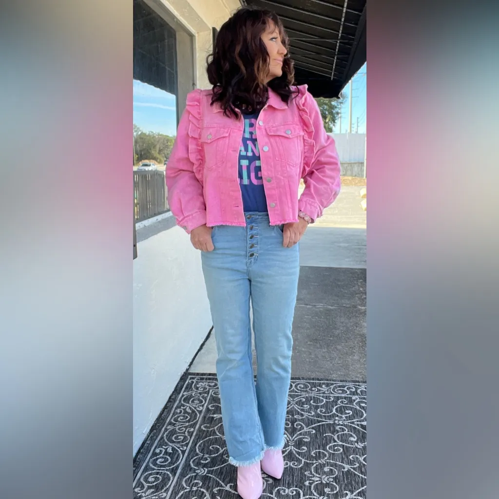 Bibi Pink Ruffle Denim Jacket Cropped NWT Size Large - Image 6