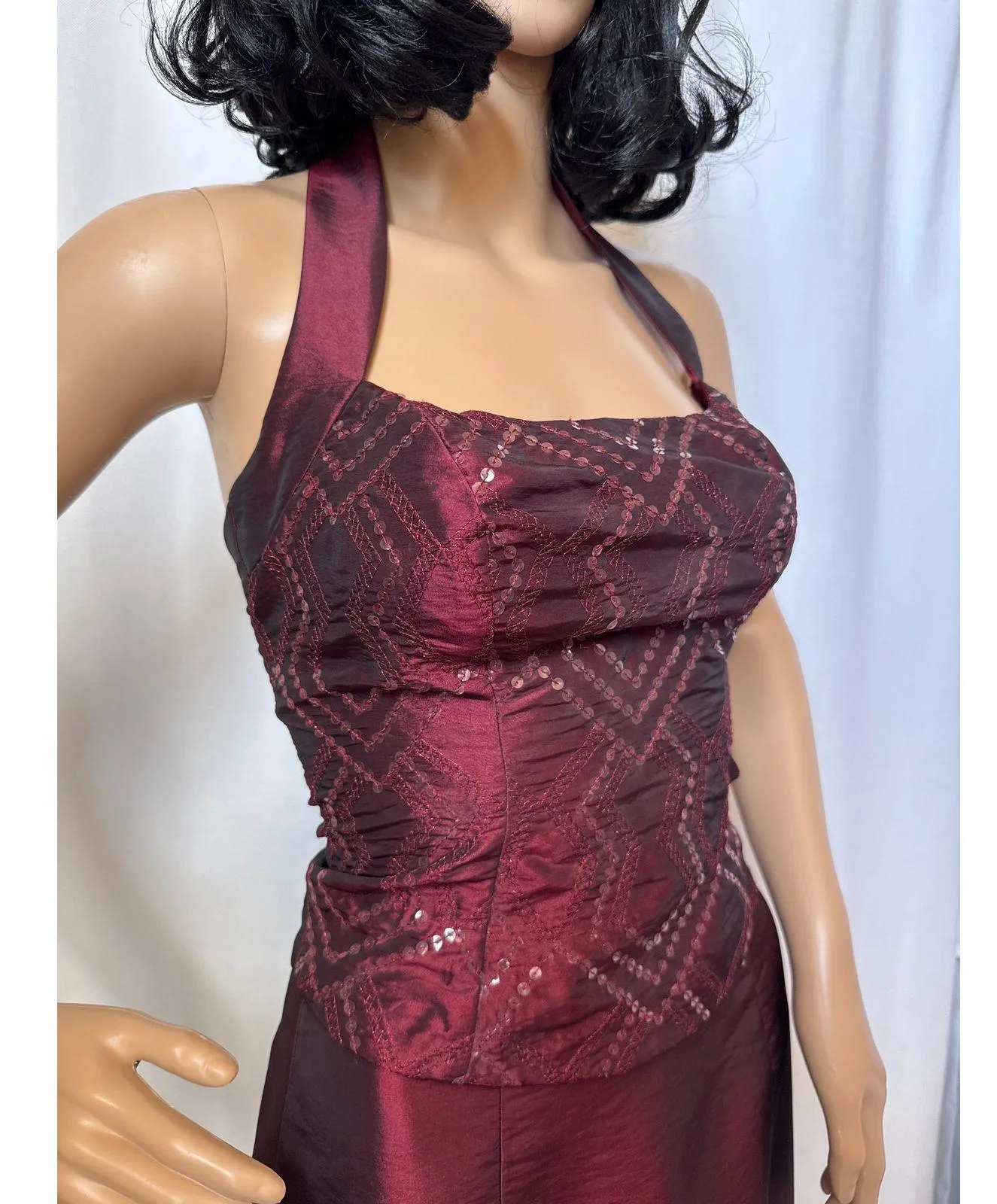 Vtg Y2K Zum Zum Niki Livas wine Taffeta Iridescent Skirt & sequin halter Top XS Red - Image 3