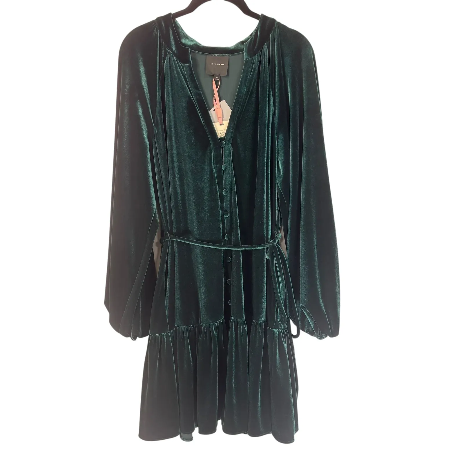 Alex Marie NEW Emerald Green Velvet Button Front Tiered Midi Dress Size 10 - Image 2