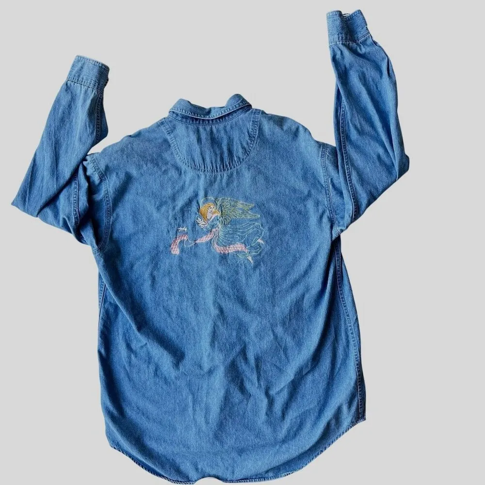 VTG Fox Hill Angel Button Down Denim Shirt Medium Embroidered Long Sleeves READ Blue Size undefined - Image 8