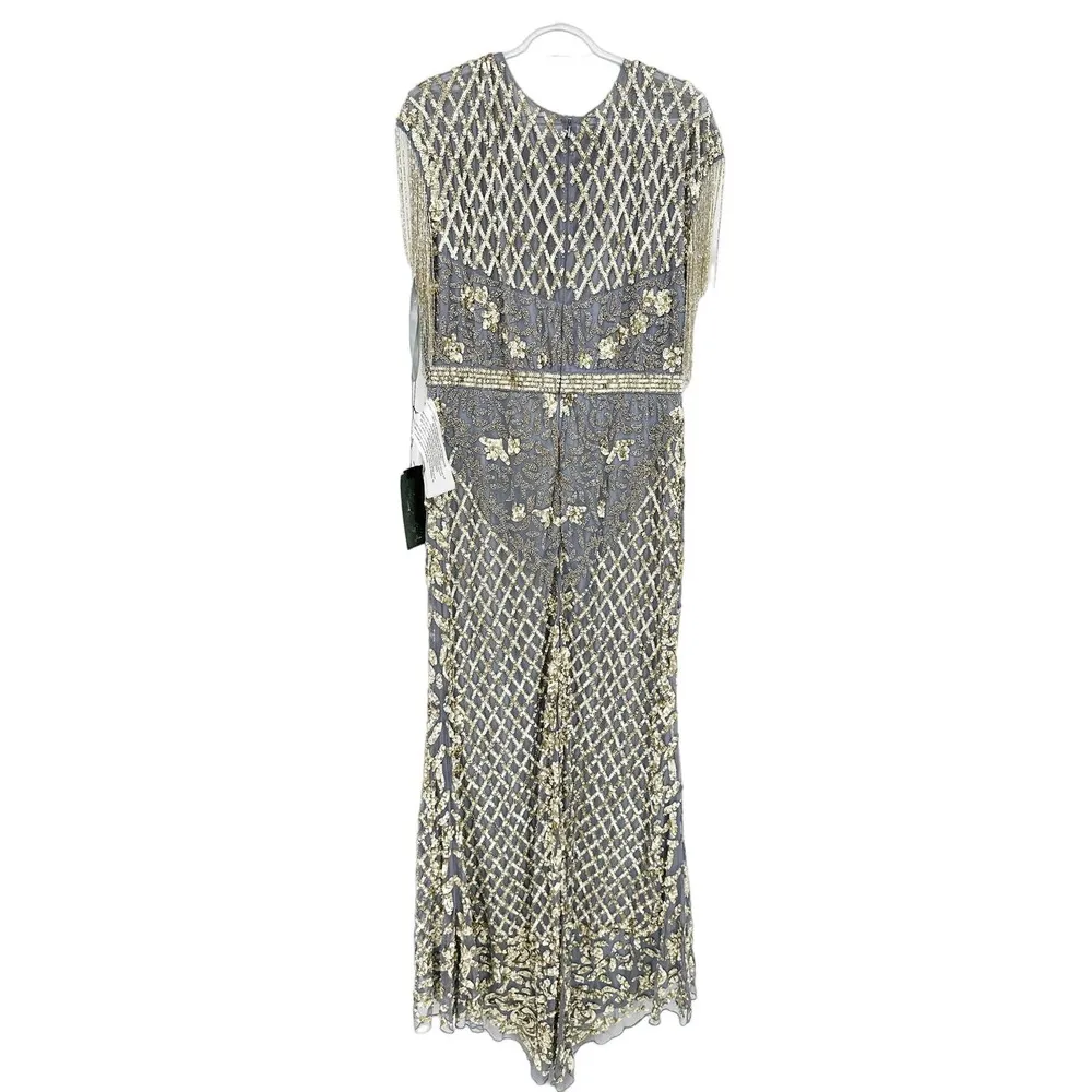 Mac Duggal 4908 Embellished Beaded Fringe Cap Sleeve Gown Platinum Gold 14 - Image 6