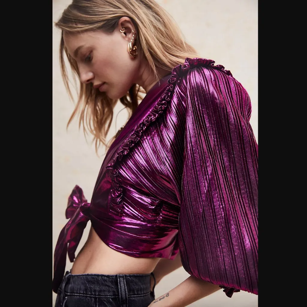 LoveShackFancy Missy Metallic Fuchsia Wrap Crop Top XS - Image 4