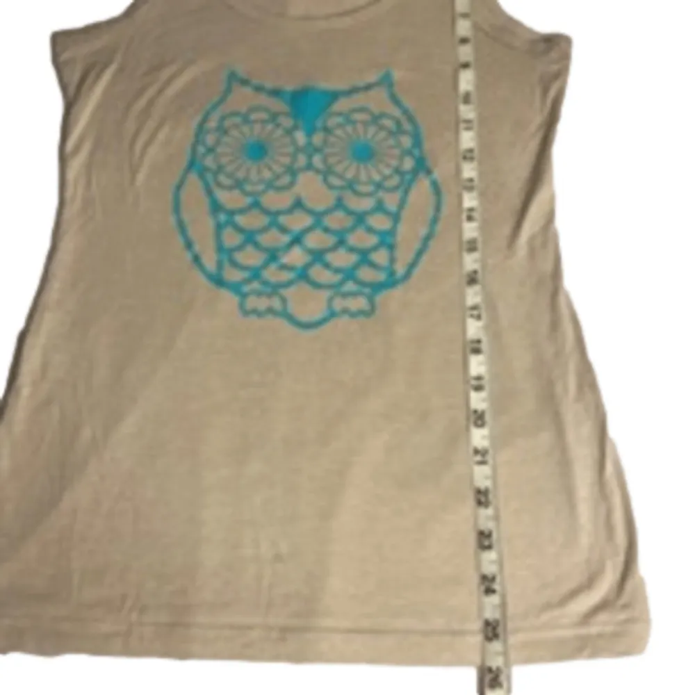 No Boundaries Owl Print Tank Top Women’s M Beige Cotton Blue Graphic - Image 8