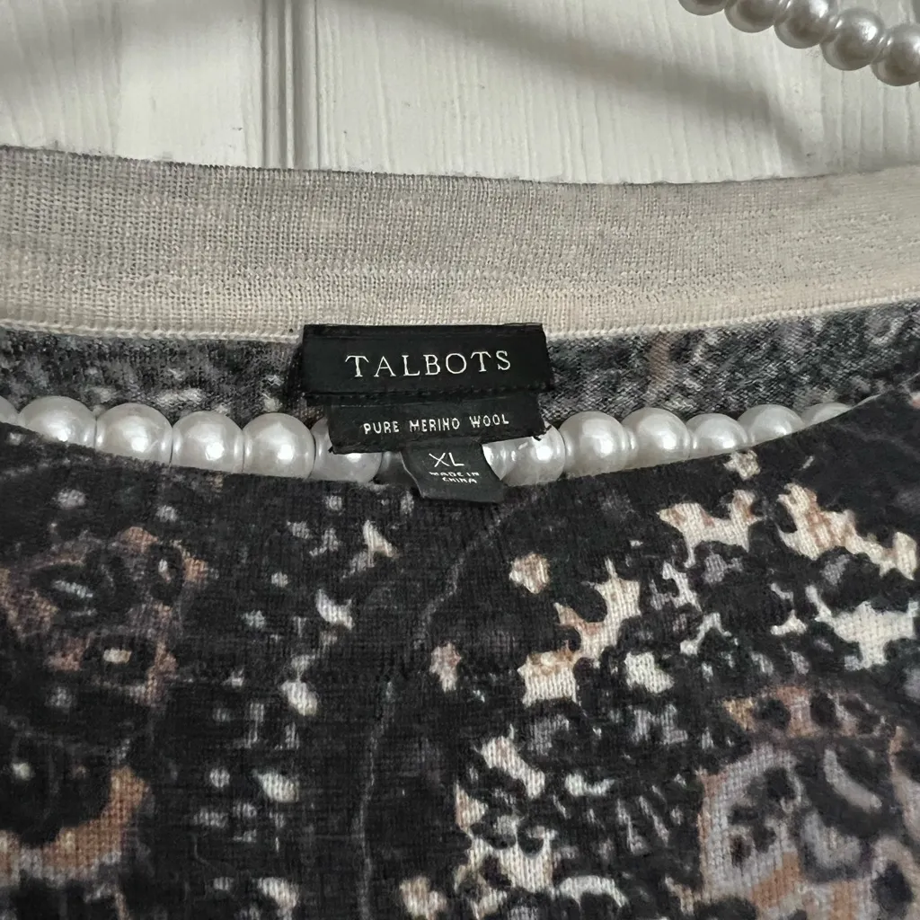 Talbots Printed wool sweater XL Black White Tan - Image 3
