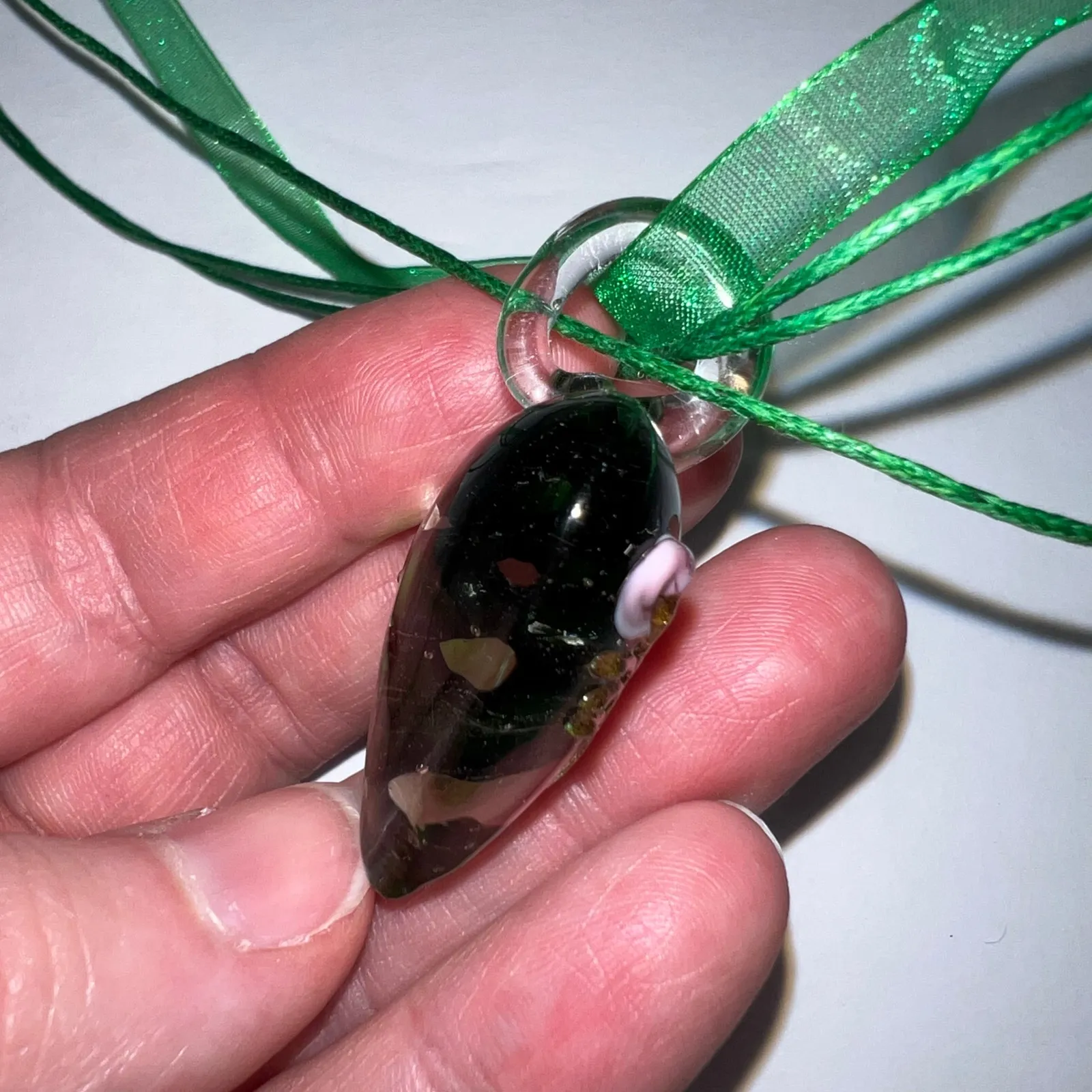 Murano Glass Heart Pendant Necklace Clear Green Pink Gold Hand Painted Flower - Image 4