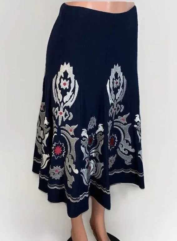 Navy & Silver Embroidered Swing Skirt 30s Midi Inspo Women's Size 6 - Image 6