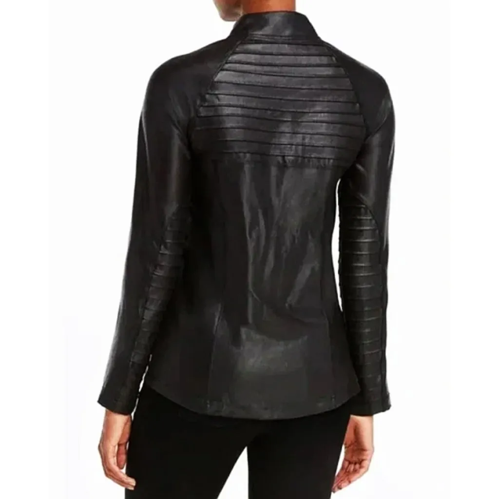 Spanx Faux Leather Moto Jacket Very Black Edgy Stretchy Shiny Motorcycle Gothic - Image 5
