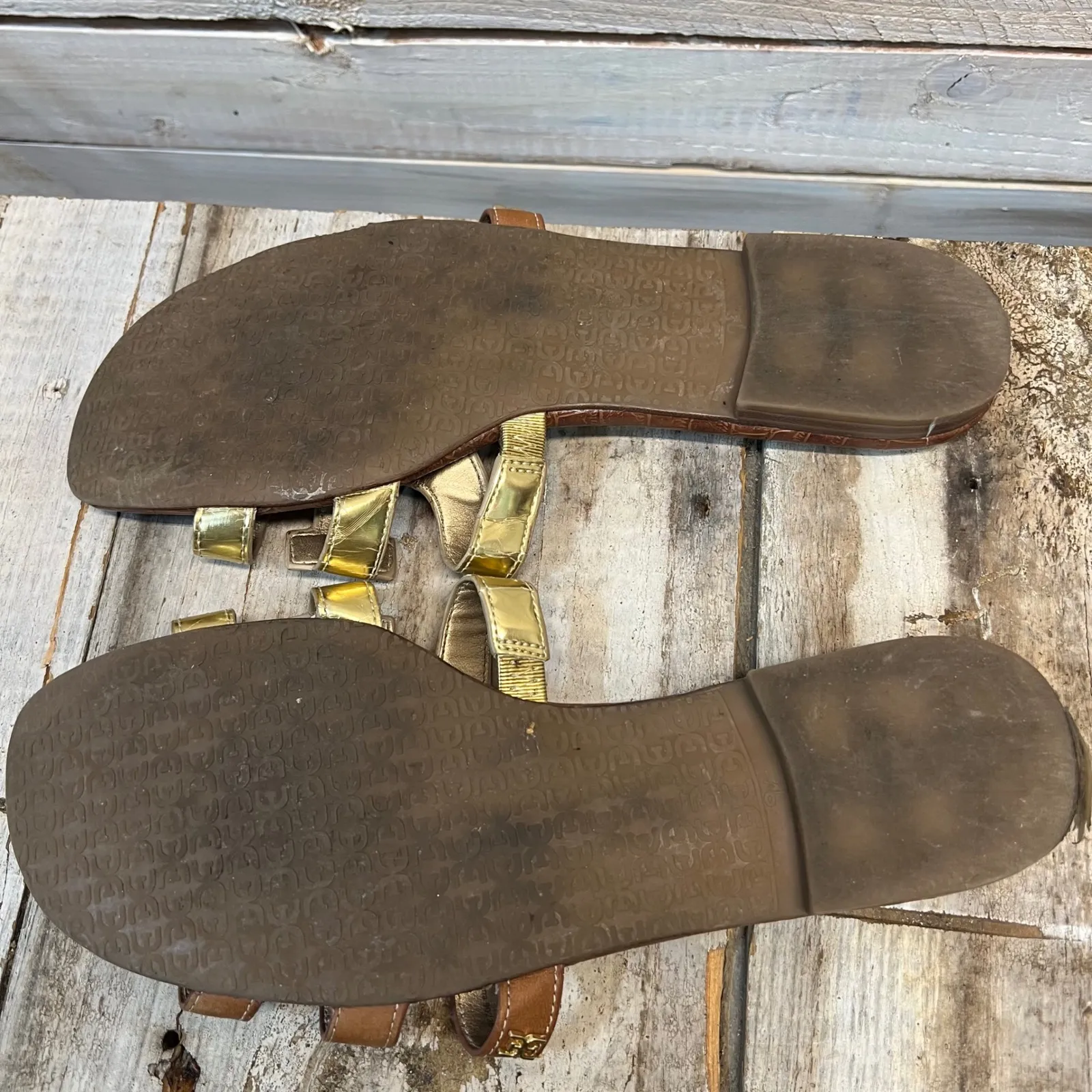 Sam Edelman Bay Gold Logo Slide Sandals Brown Leather Flats Women's Summer 9.5M - Image 3