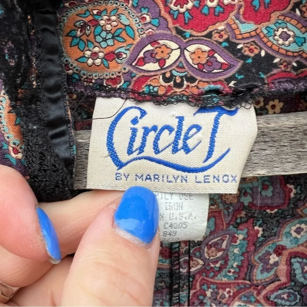 80s Circle T Victorian dark paisley lace trim puff sleeve western blouse shirt Size M - Image 5